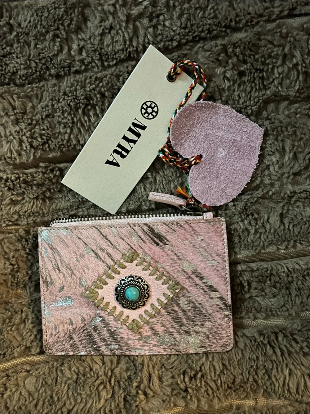 Myra Bag Pink Card Case with Turquoise Accent and Braided Charm